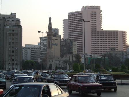 Tahrir Square in Cairo, with the Mogamma Building, a Mosque and the Intercontinental Seramis Hotel