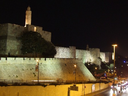 Jerusalem city walls by night from Jaffa Gate