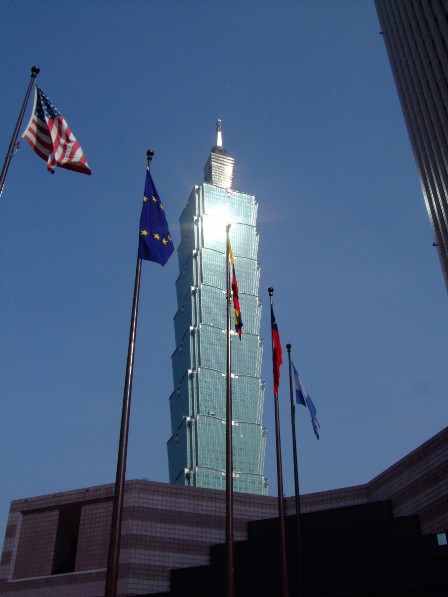 Flags in front of Taipei 101 Building, Taiwan