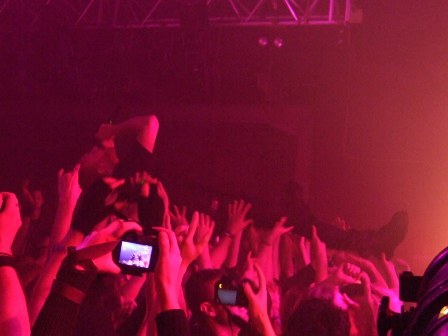 Mikael Stanne of Dark Tranquillity singing and crowdsurfing at La Locomotive, Paris, France, October 28 2008